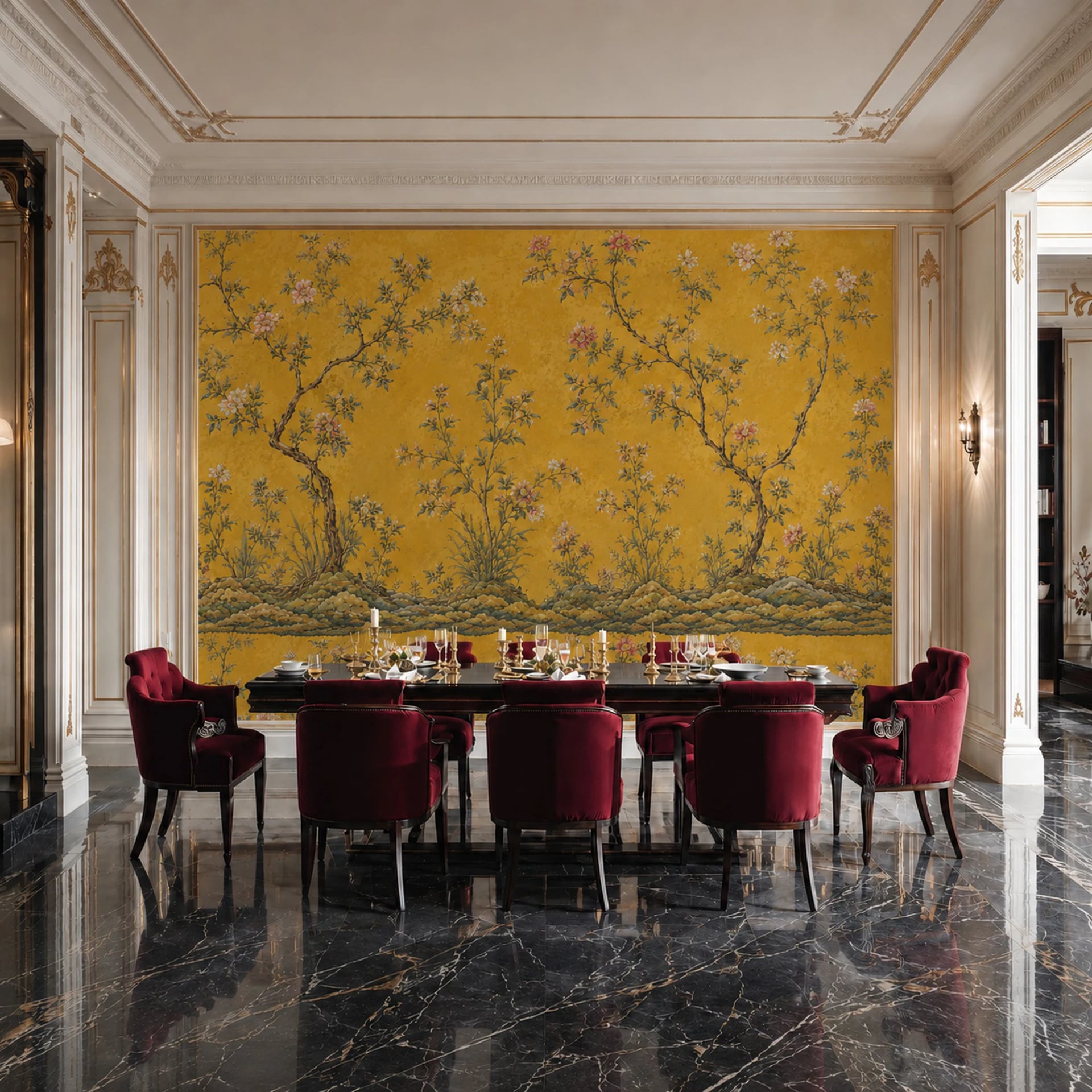 Papier peint panoramique Chinoiserie florale dorée présenté dans un intérieur décoré, vue 2