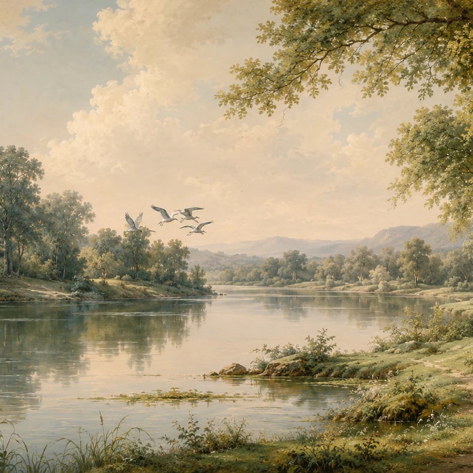 Close-up of the Pastoral River Flight artwork at printed scale