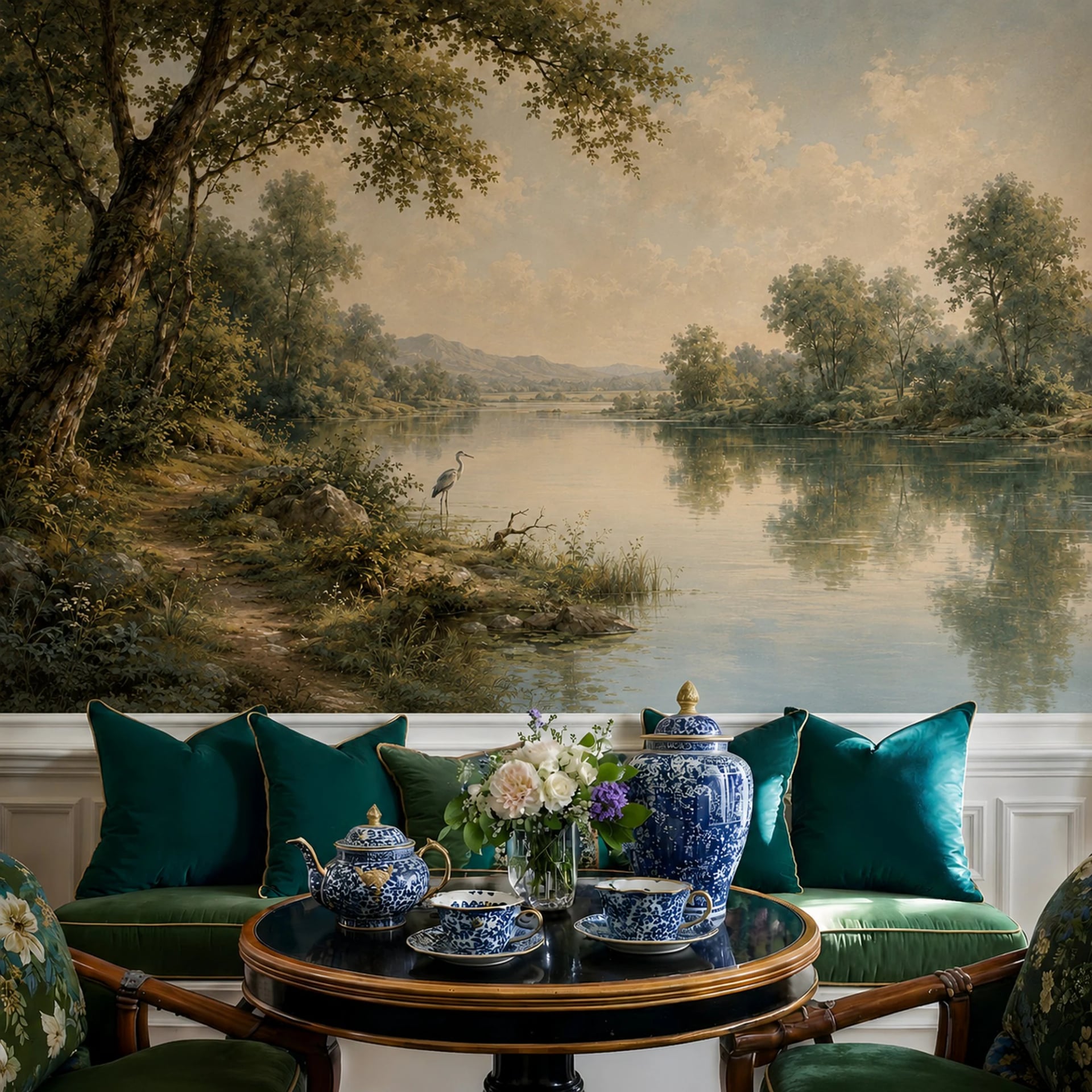 Heron by the River wall mural shown in a styled interior, view 2