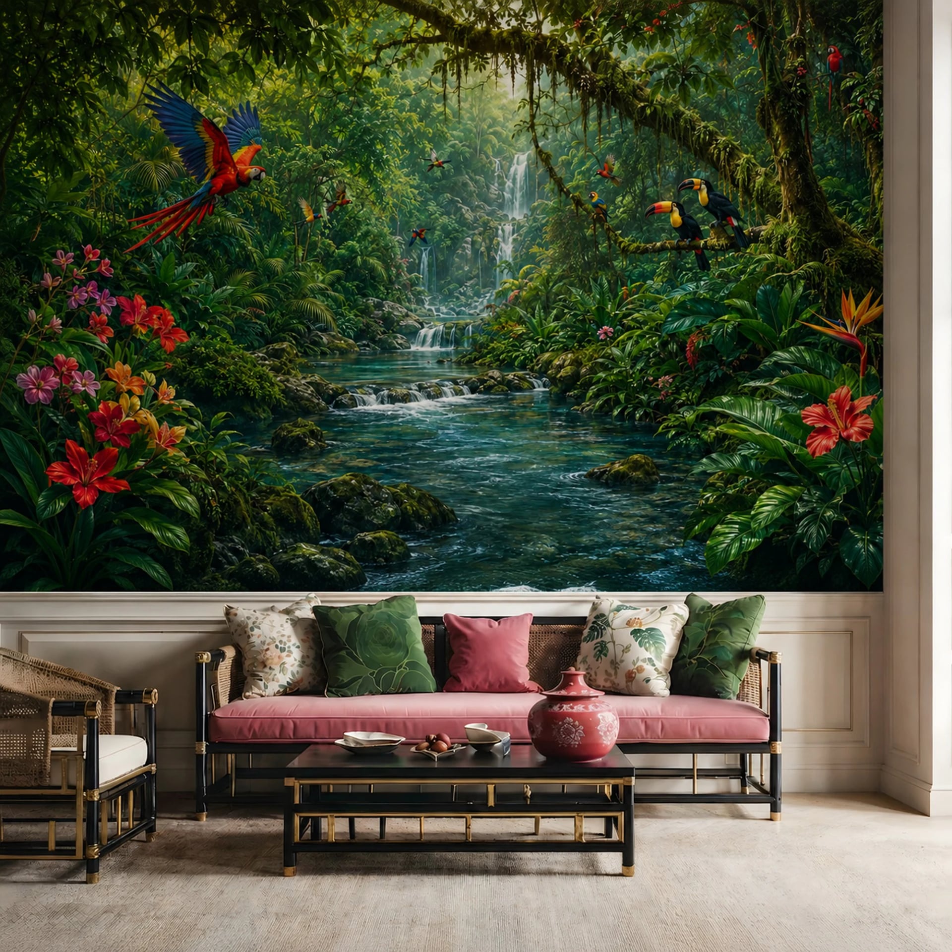 Fotomural Arroyo selvático con tucán en un interior decorado, vista 2