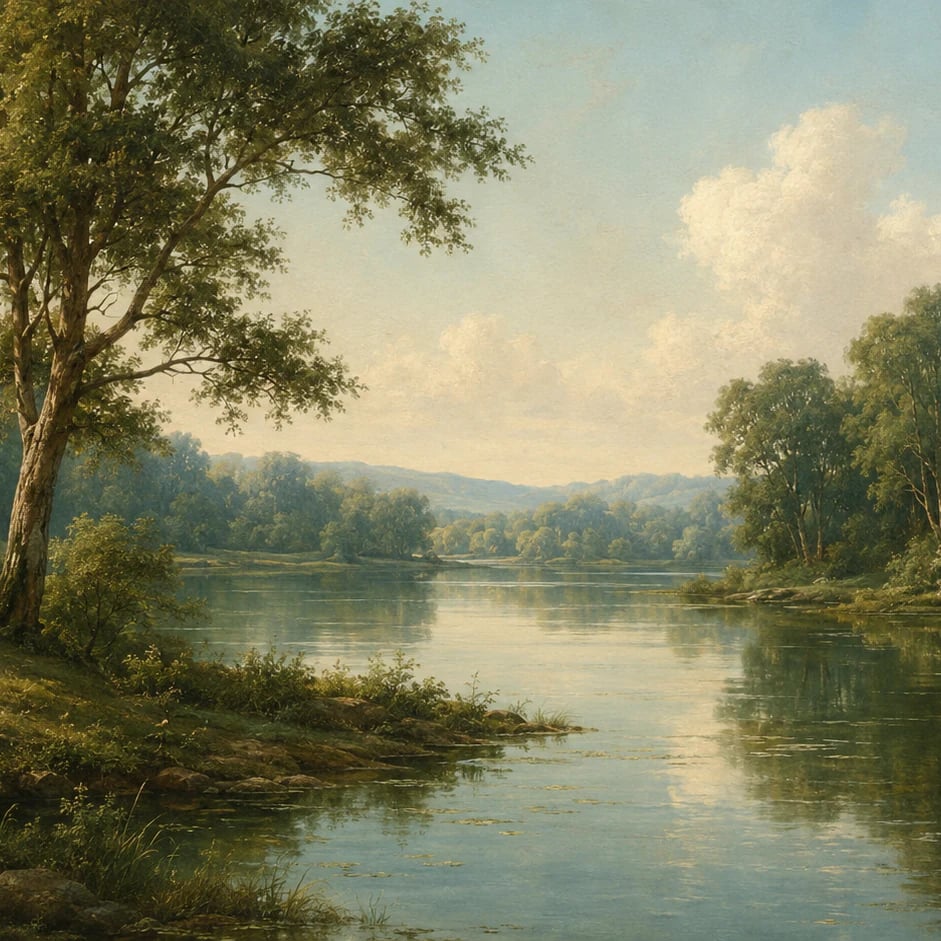 Close-up of the Riverbank Summer Landscape artwork at printed scale