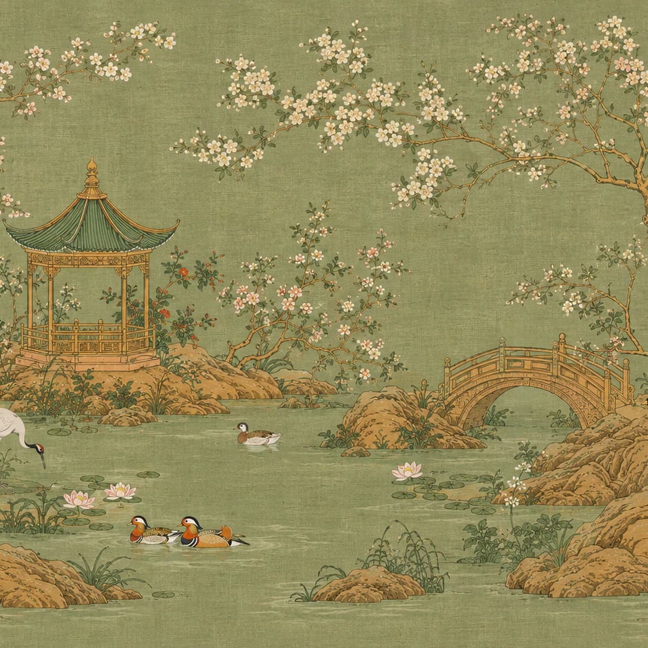 Close-up of the Crane Pavilion Garden artwork at printed scale
