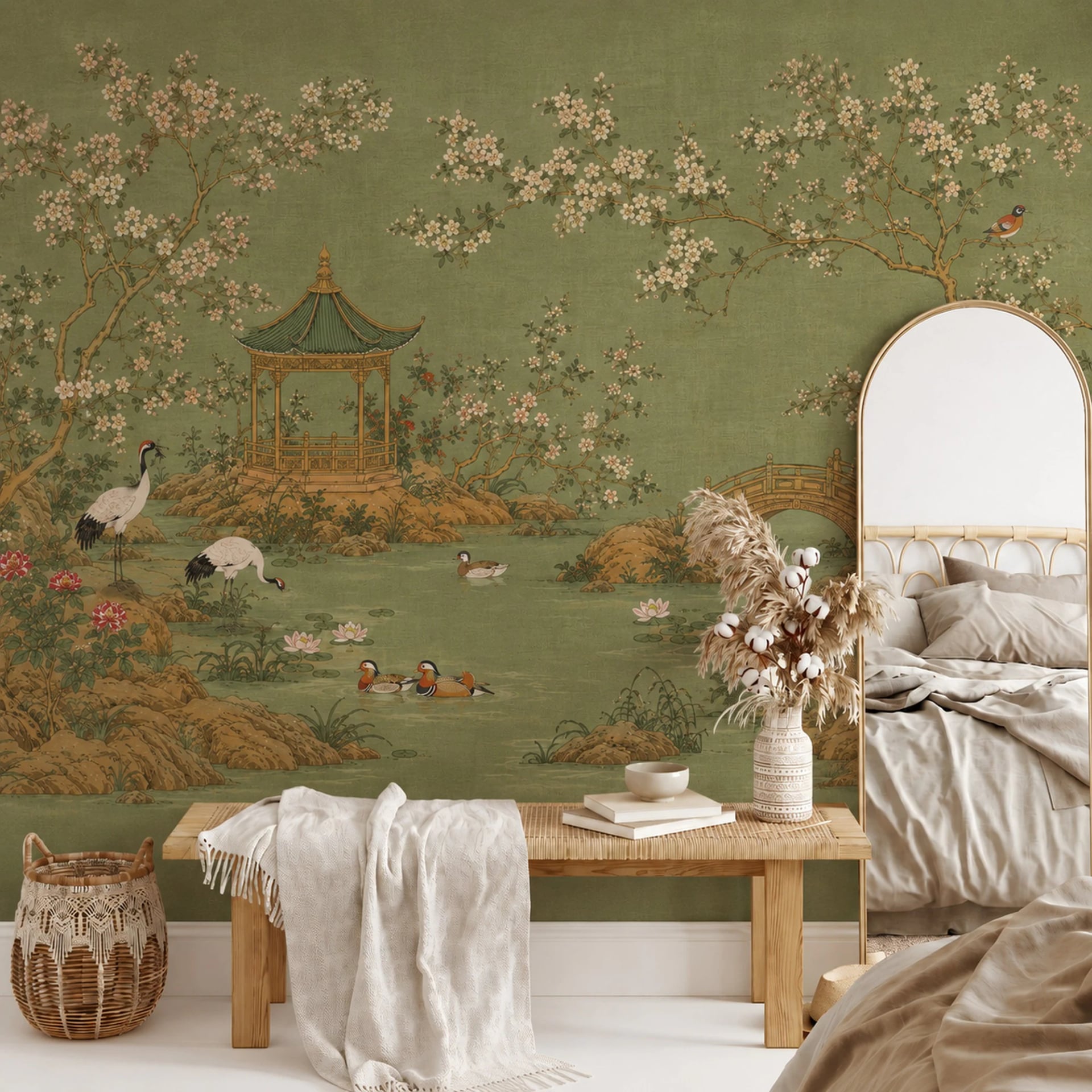 Crane Pavilion Garden wall mural shown in a styled interior, view 2
