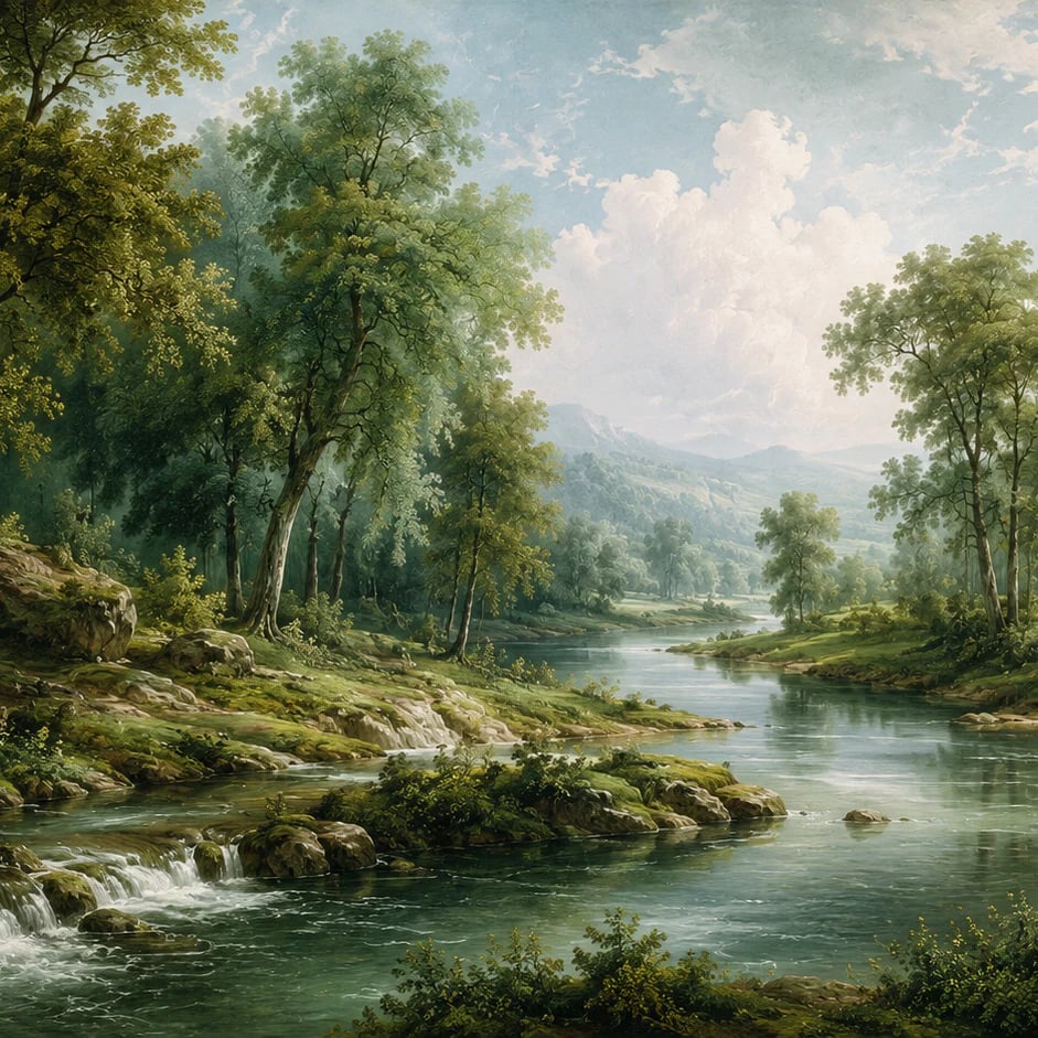 Gros plan sur le motif Cascade pastorale sur la rivière à l'échelle d'impression