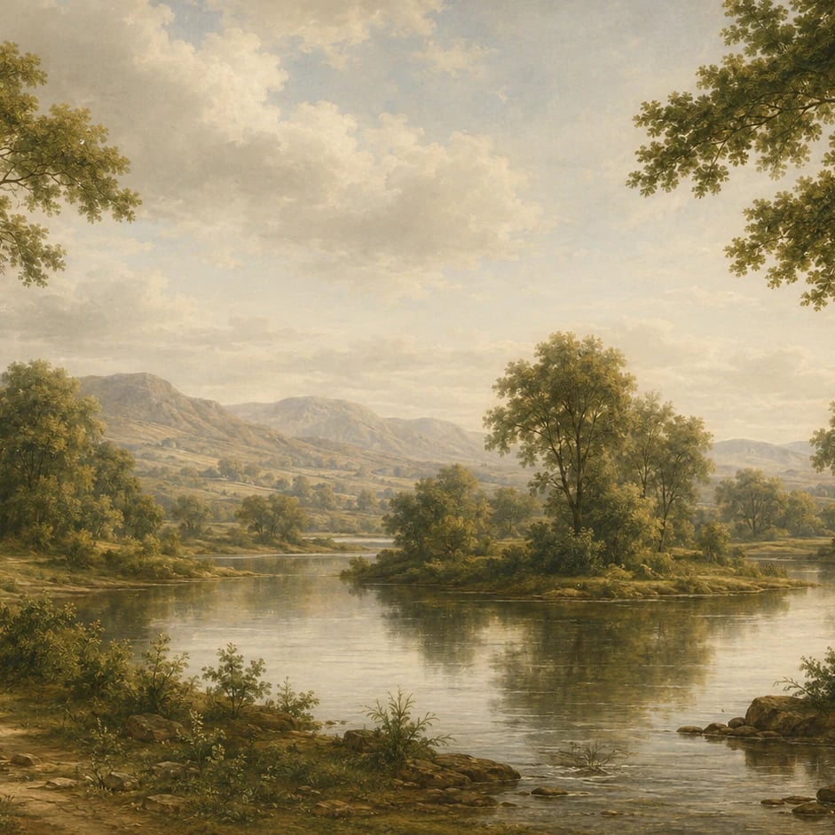 Nahaufnahme des Kunstwerks Idyllisches Flusstal im Druckmaßstab