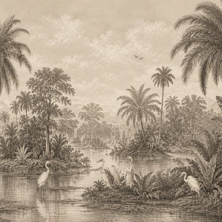 Close-up of the Sepia Heron Lagoon artwork at printed scale