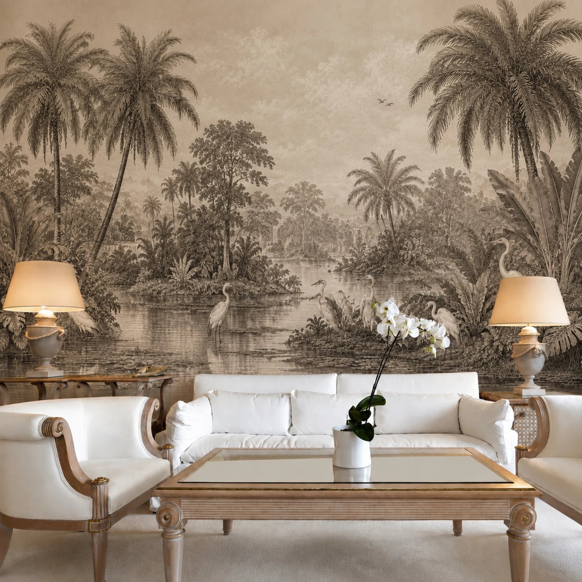 Sepia Heron Lagoon wall mural shown in a styled interior, view 2