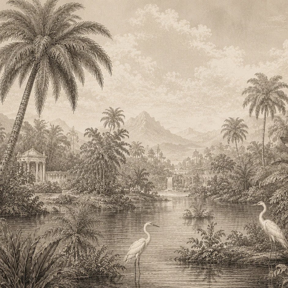 Primer plano del diseño Laguna con garzas en sepia a escala de impresión