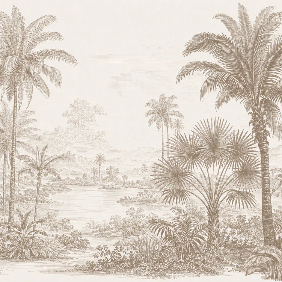 Close-up of the Sepia Palm Lagoon artwork at printed scale