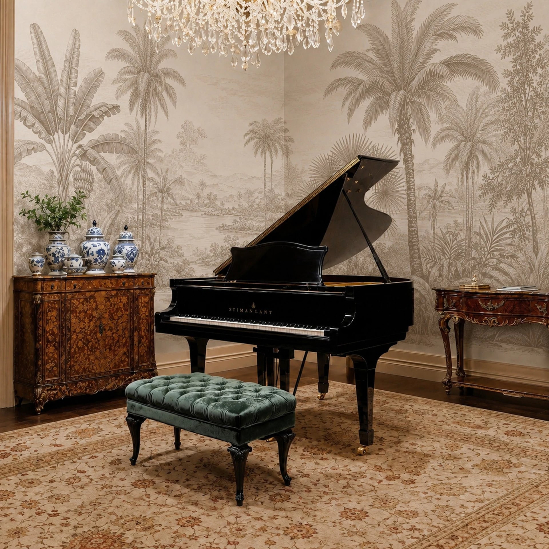 Sepia Palm Lagoon wall mural shown in a styled interior, view 2