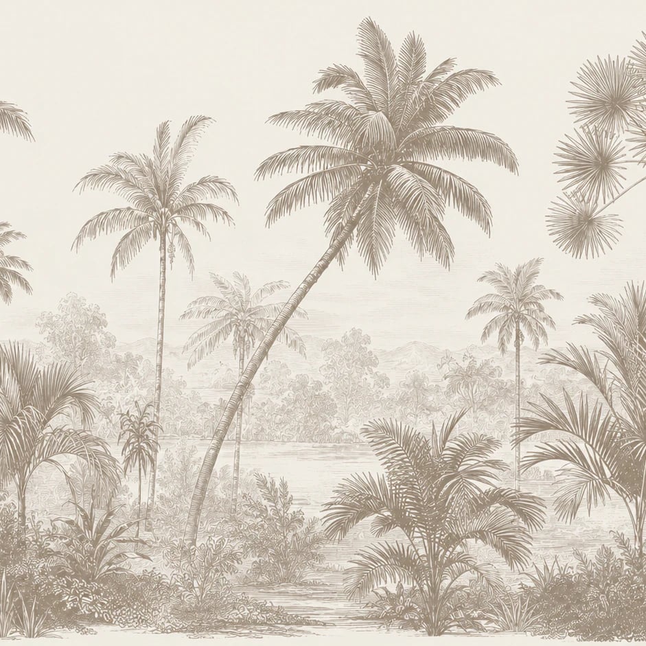 Close-up of the Sepia Palm Oasis artwork at printed scale