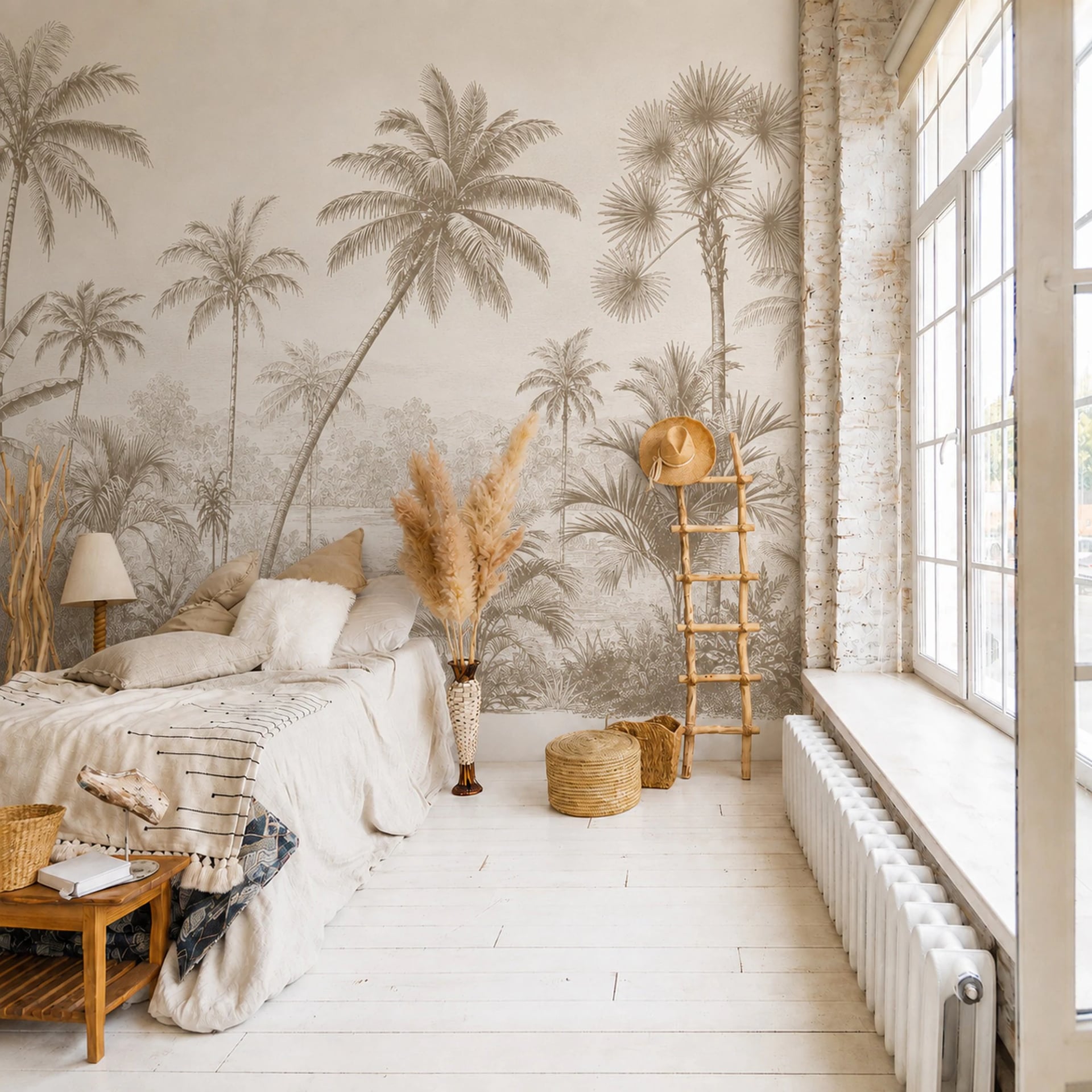 Sepia Palm Oasis wall mural shown in a styled interior, view 2