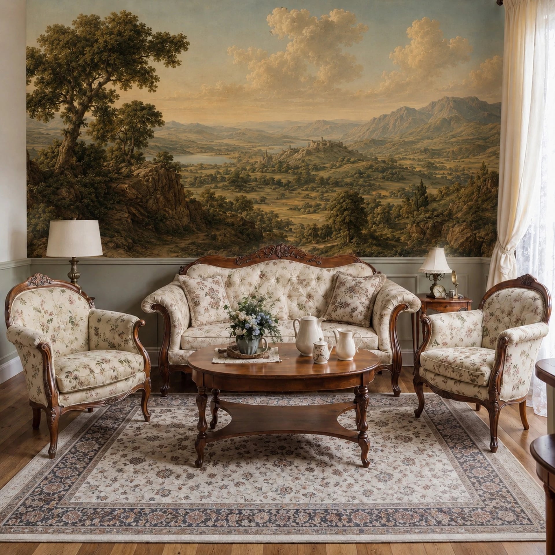 Umbrian Valley Vista wall mural shown in a styled interior, view 2