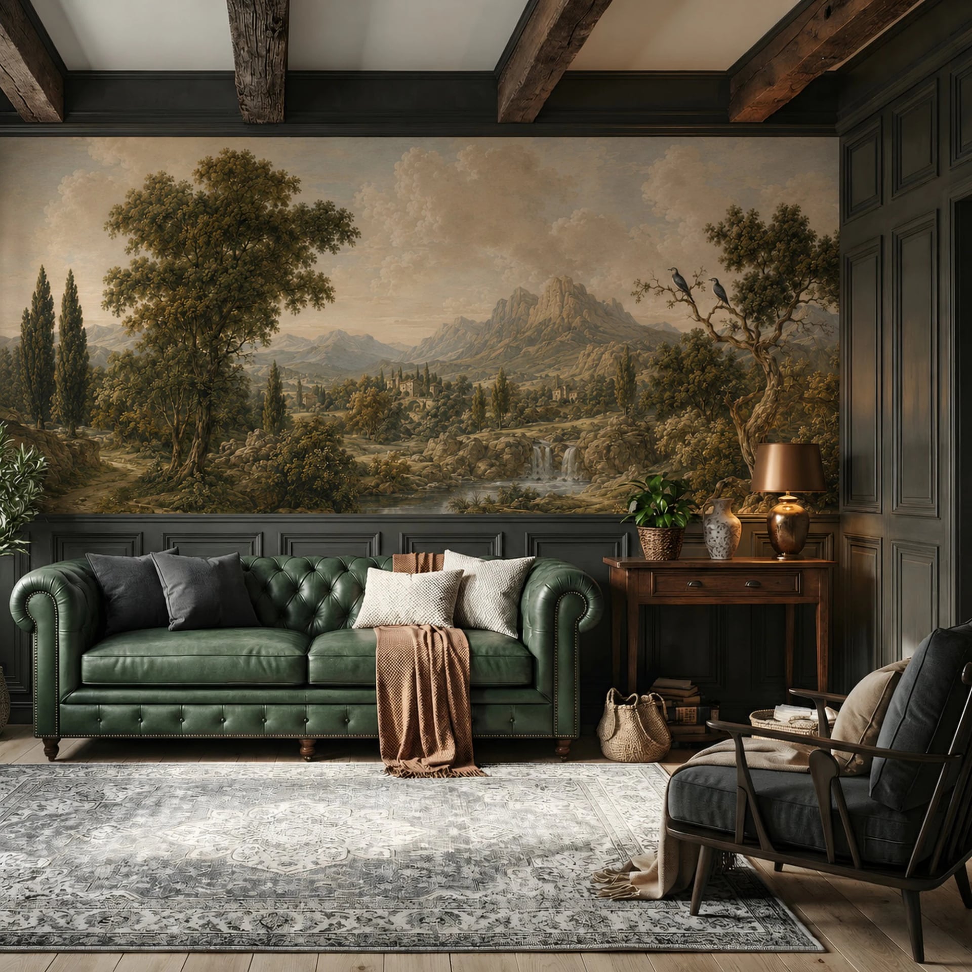 Papier peint panoramique Vallée fluviale en cascade présenté dans un intérieur décoré, vue 2