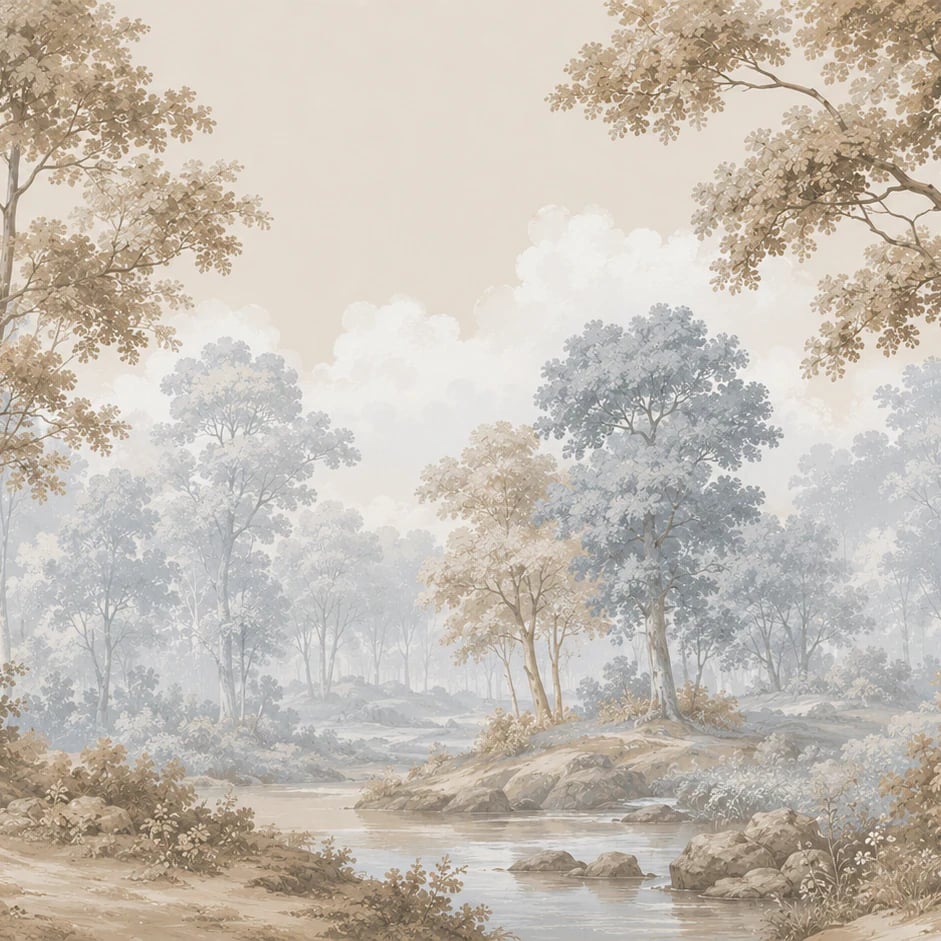 Nahaufnahme des Kunstwerks Pastorale Fluss-Waldlandschaft im Druckmaßstab
