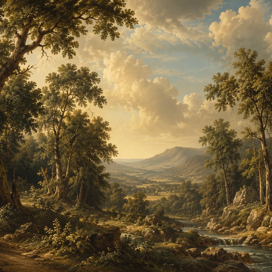 Nahaufnahme des Kunstwerks Idyllisches Flusstal im Druckmaßstab
