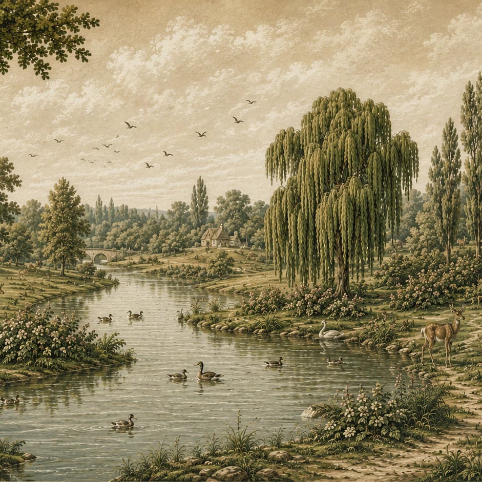 Close-up of the Pastoral Willow River artwork at printed scale