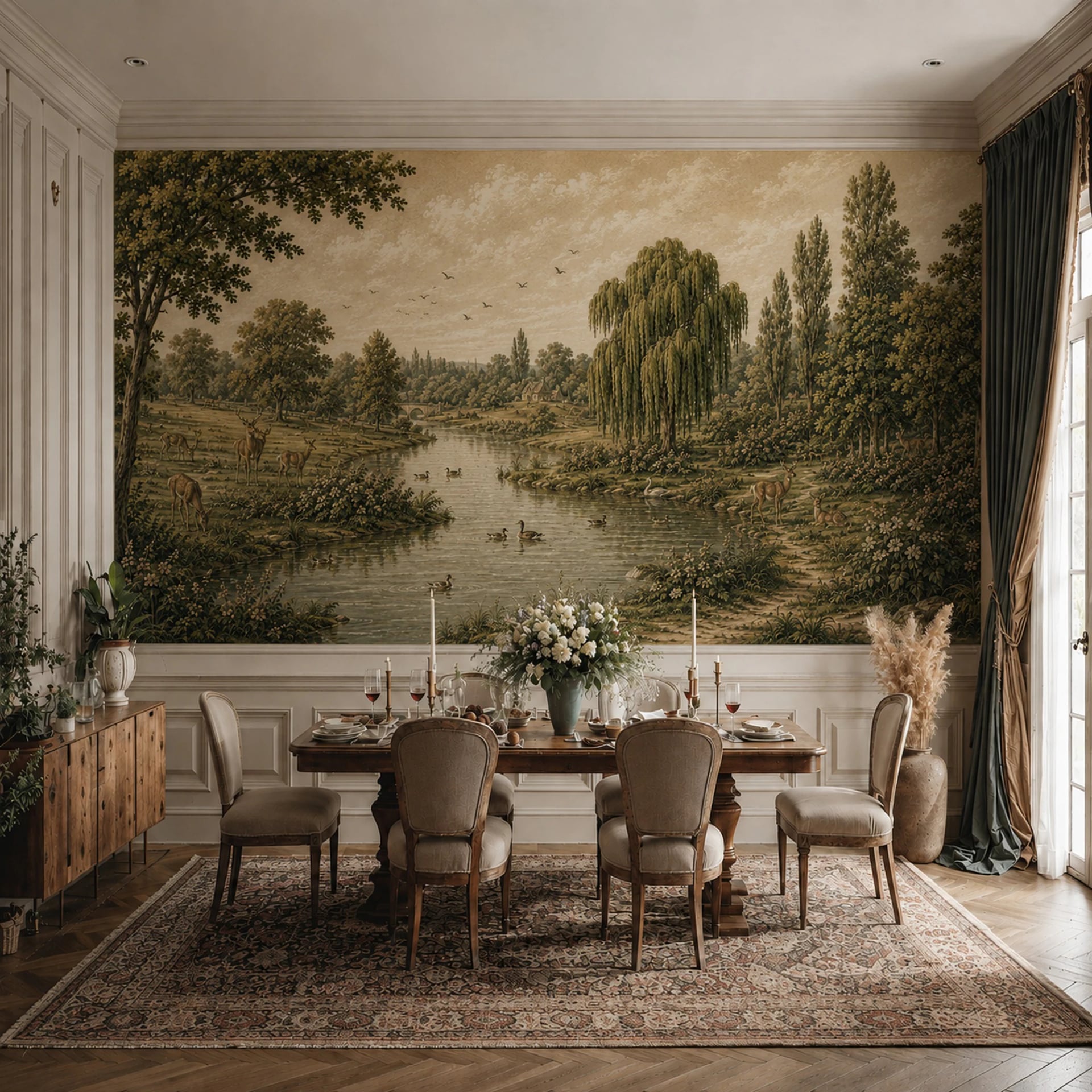 Pastoral Willow River wall mural shown in a styled interior, view 2
