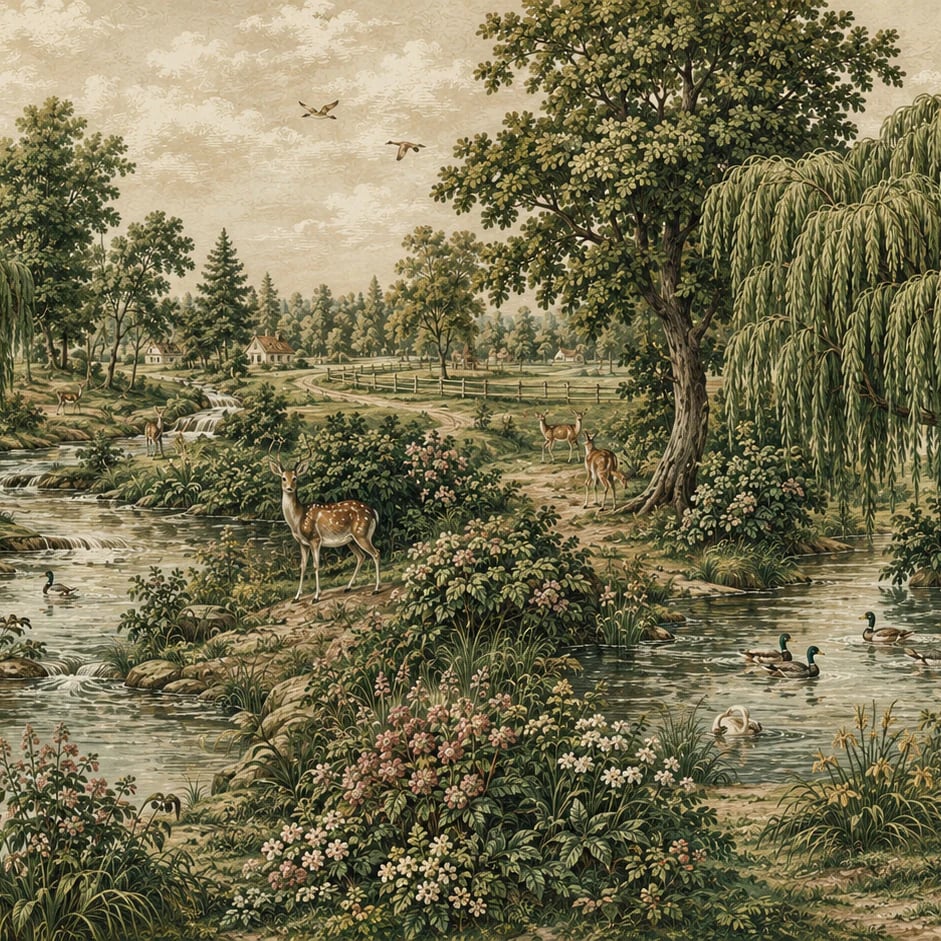 Close-up of the Pastoral Willow Brook artwork at printed scale