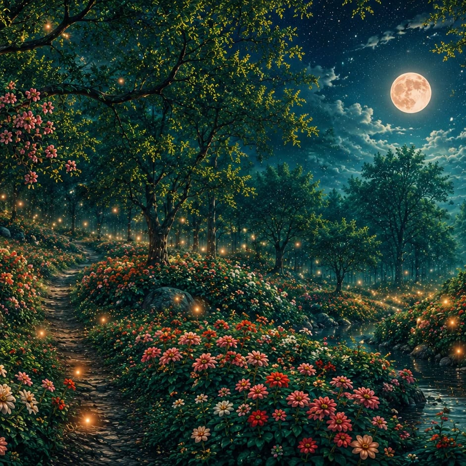 Primer plano del diseño Prado del bosque a la luz de la luna a escala de impresión