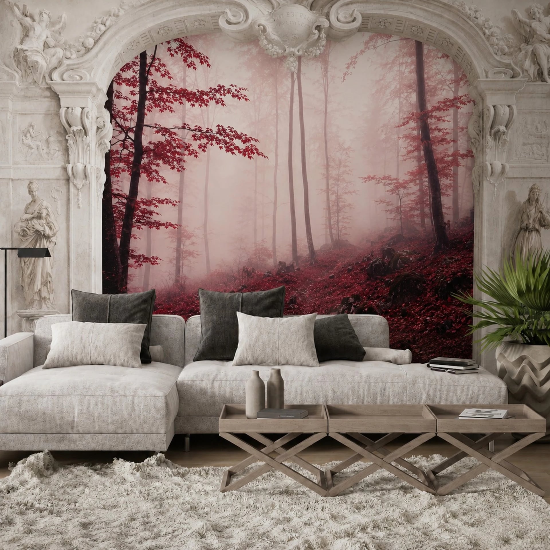 Crimson Misty Forest wall mural shown in a styled interior, view 2