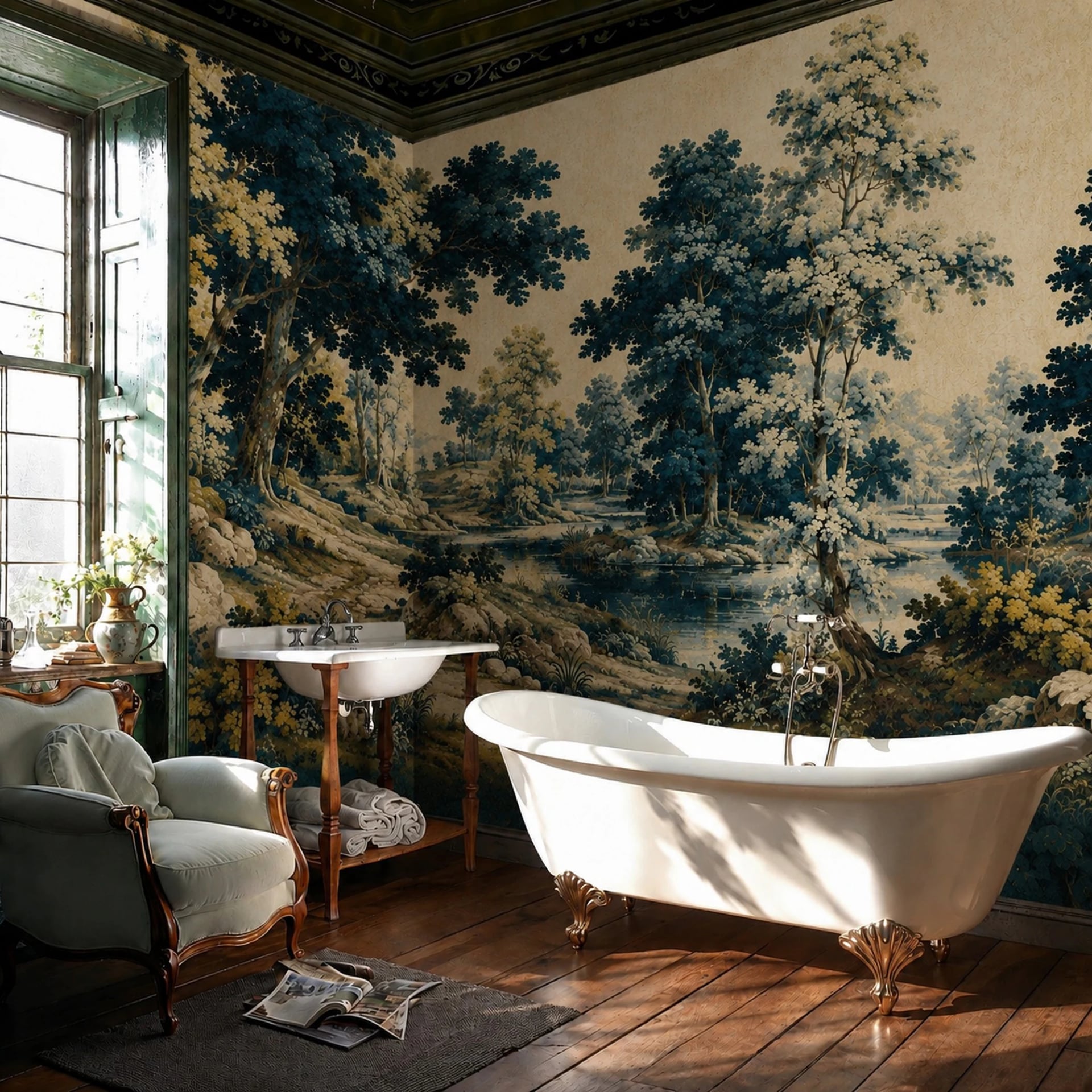 Fluss-Verdure-Tapisserie Fototapete in einem stilvoll eingerichteten Raum, Ansicht 2