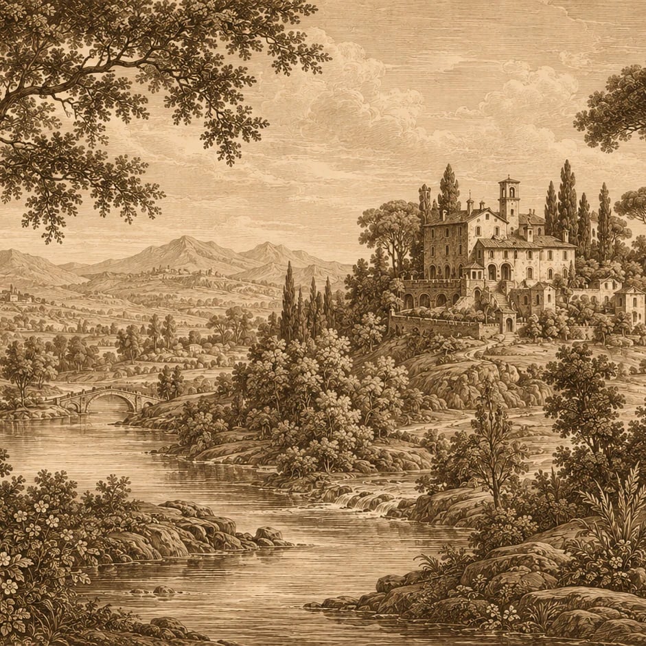 Primer plano del diseño Grabado de villa toscana a escala de impresión