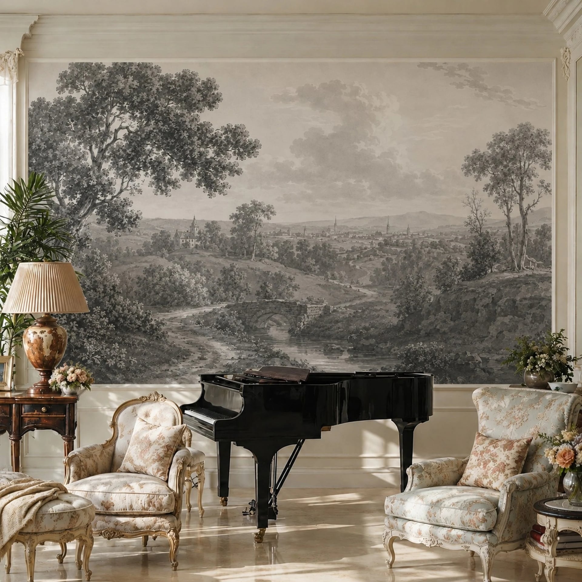 Fotomural Paisaje con puente de piedra en un interior decorado, vista 2