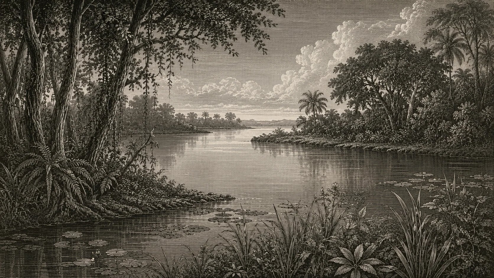 Grabado de ribera tropical