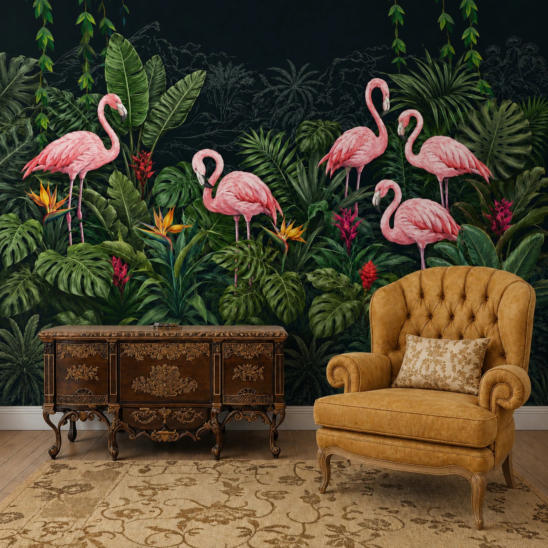Botanische Flamingonacht Fototapete in einem stilvoll eingerichteten Raum, Ansicht 2