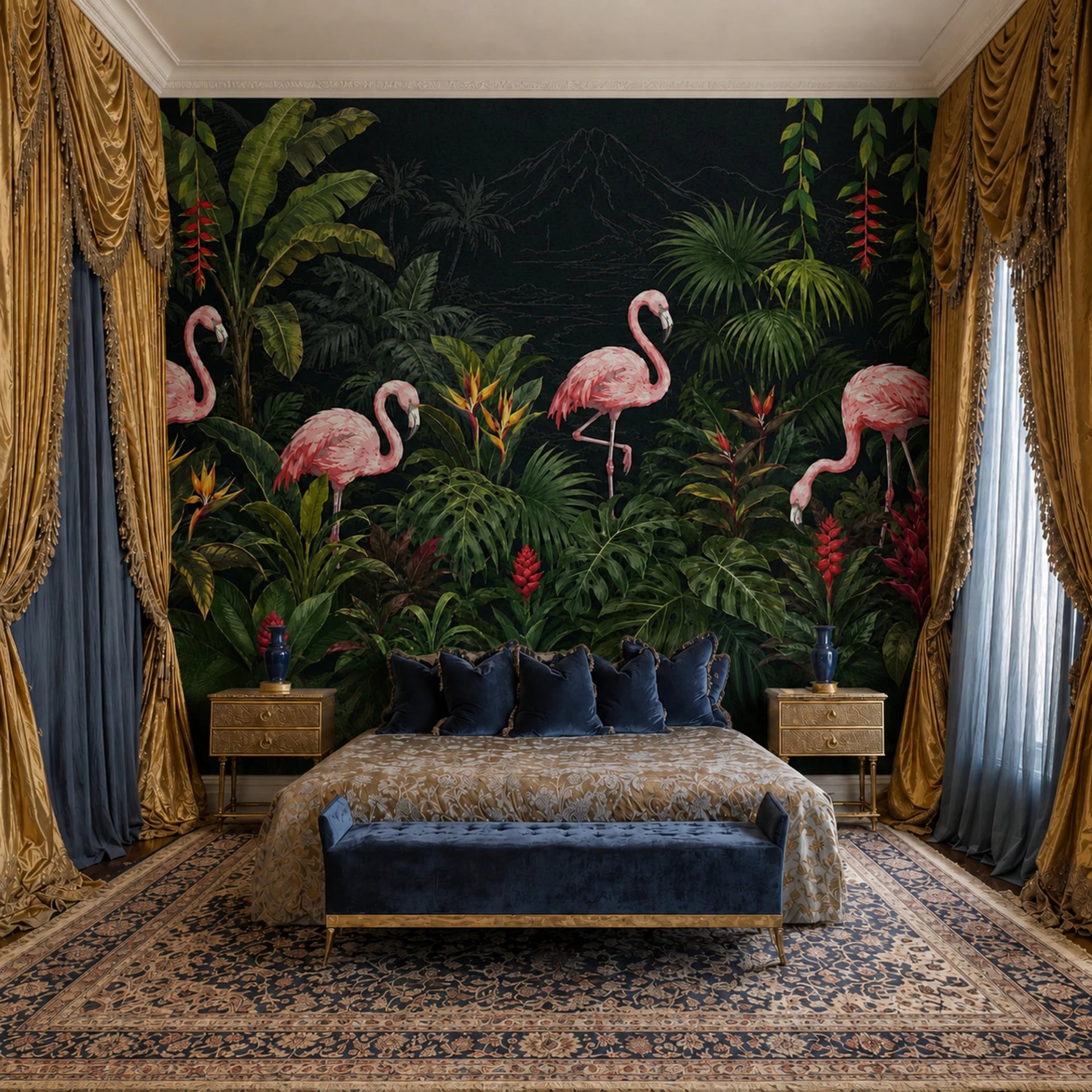 Fotomural Oasis nocturno con flamencos en un interior decorado, vista 2