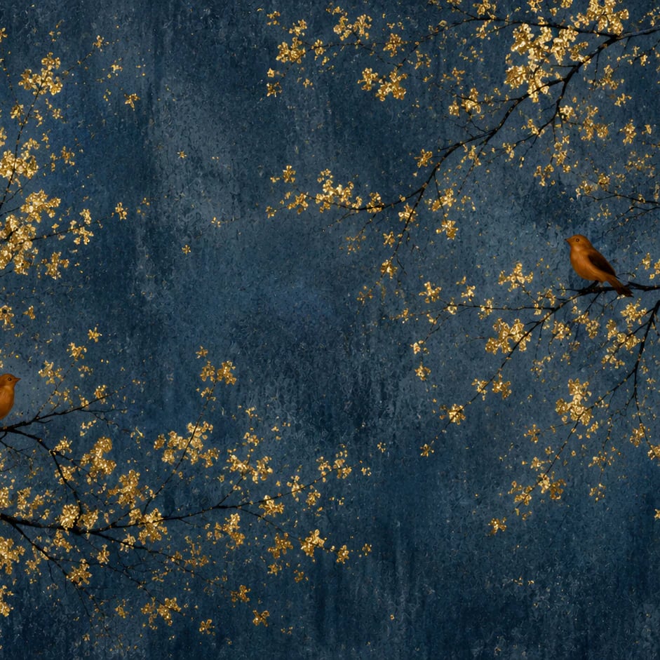 Nahaufnahme des Kunstwerks Goldene Blüten & Singvögel im Druckmaßstab