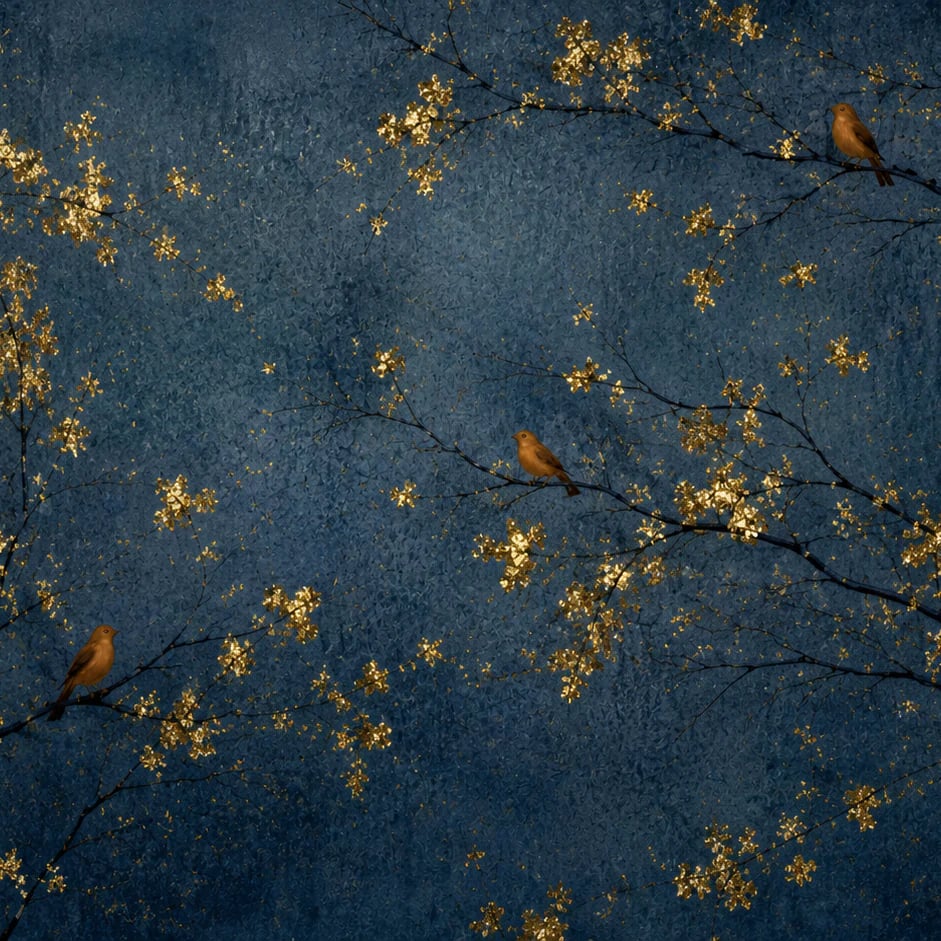 Close-up of the Midnight Gold Blossom artwork at printed scale