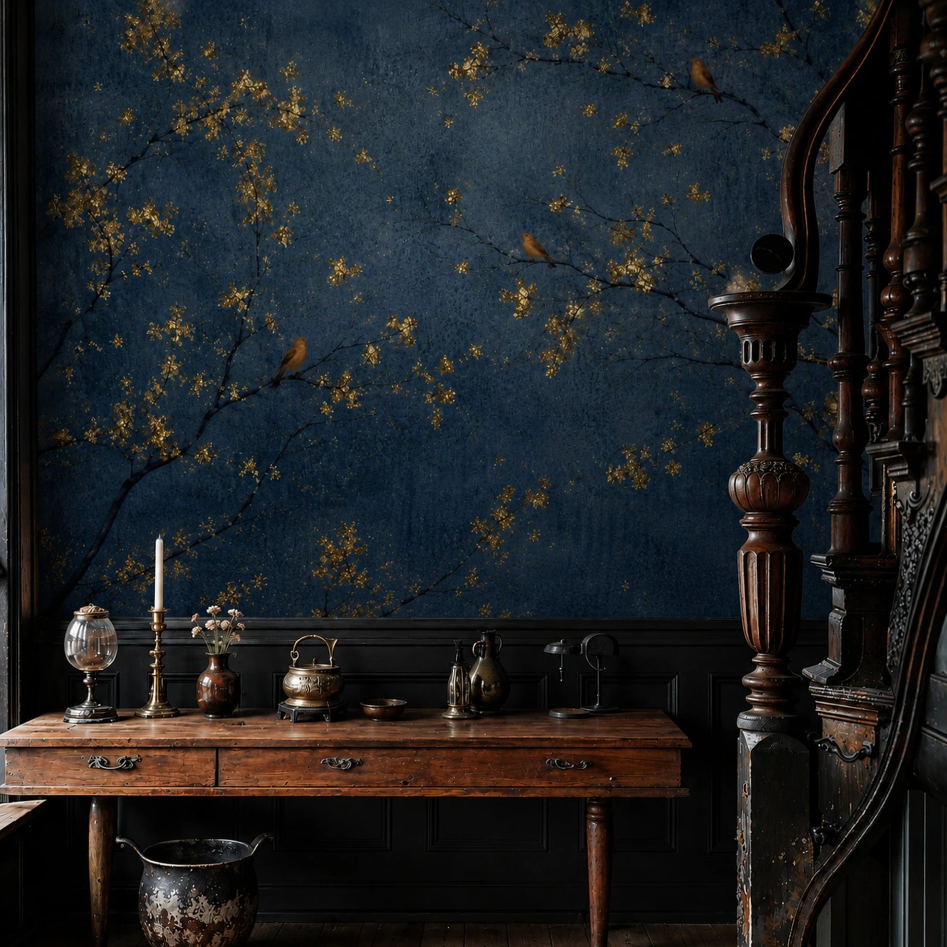 Midnight Gold Blossom wall mural shown in a styled interior, view 2