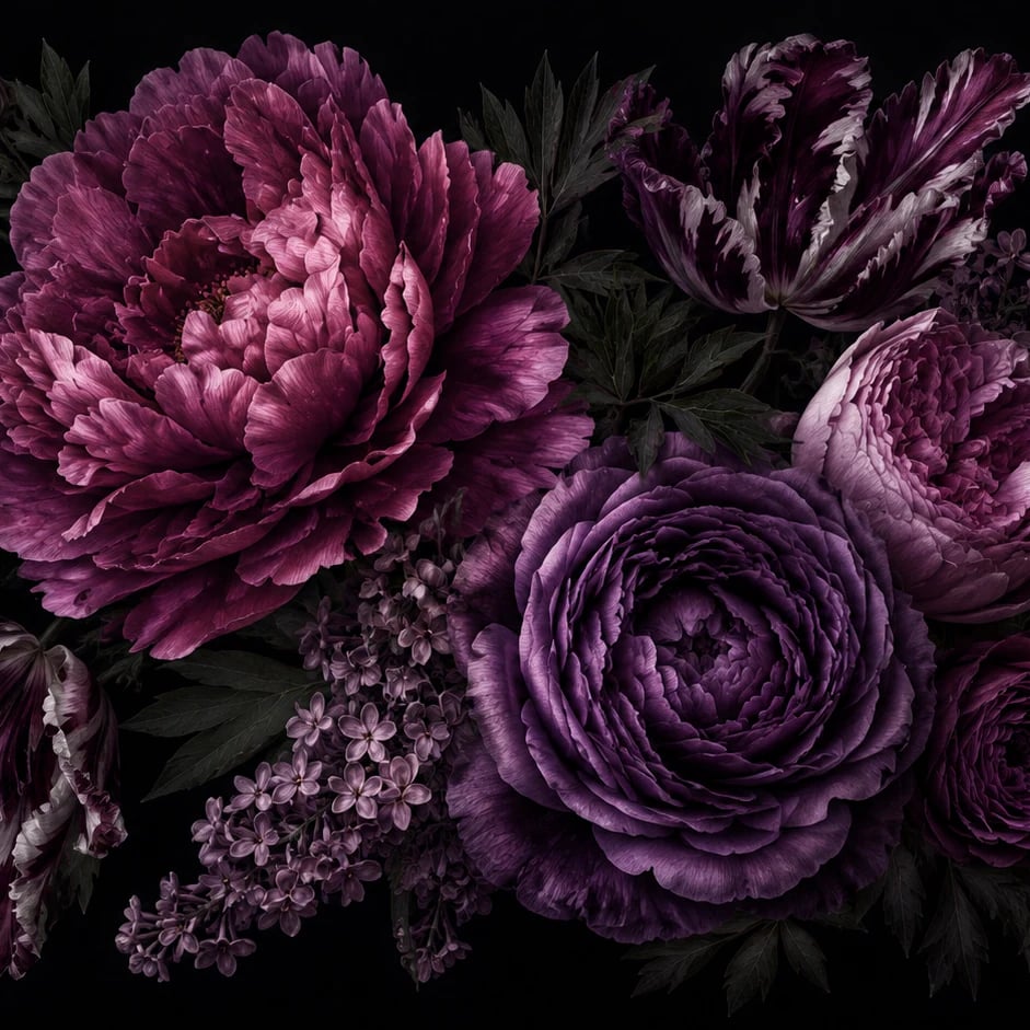 Close-up of the Midnight Plum Peony artwork at printed scale