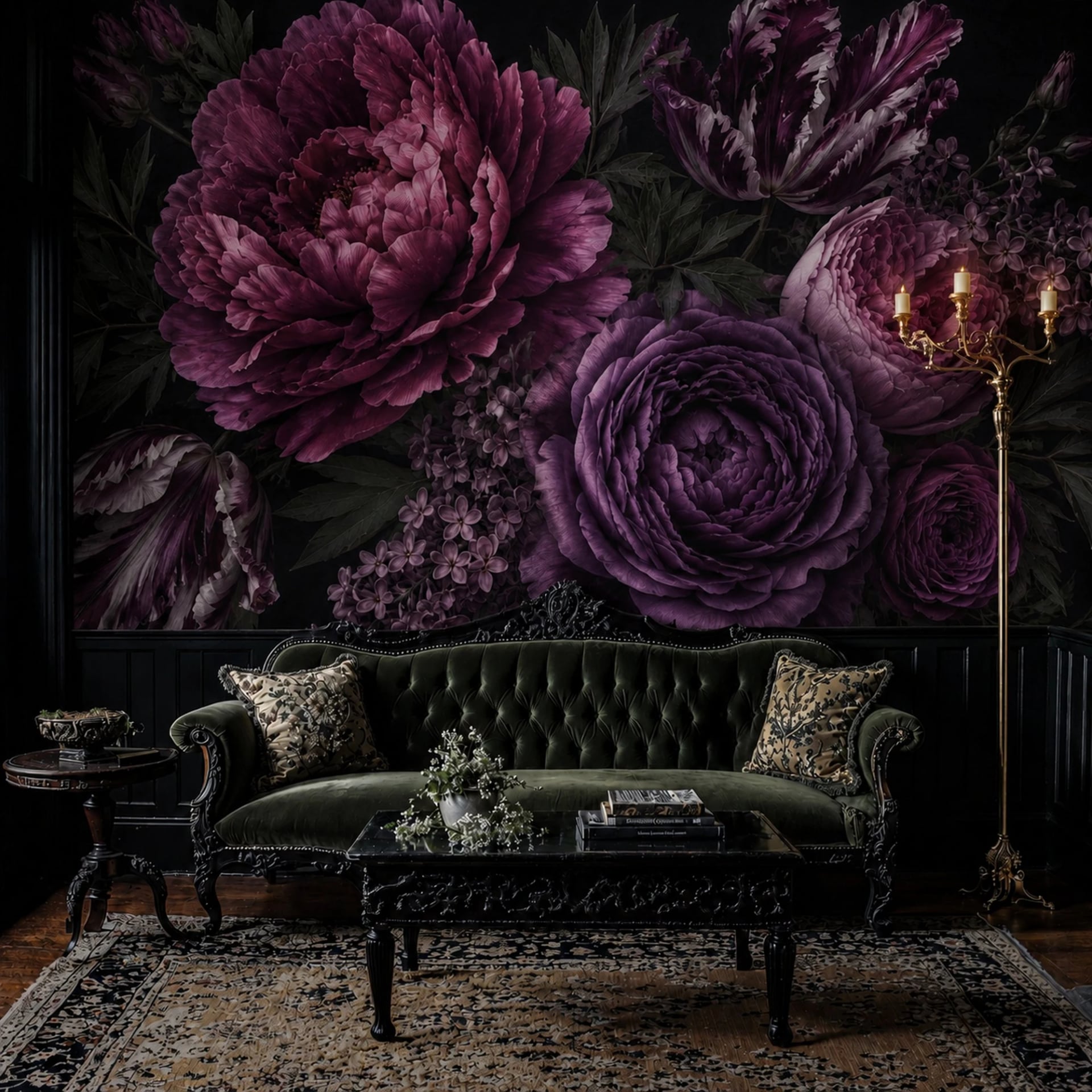 Midnight Plum Peony wall mural shown in a styled interior, view 2