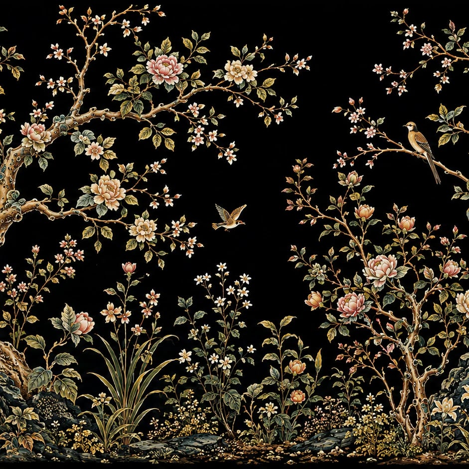 Close-up of the Midnight Chinoiserie Bloom artwork at printed scale