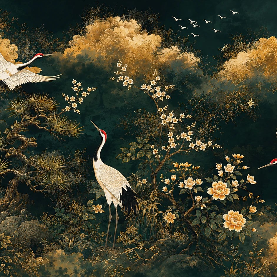 Close-up of the Imperial Crane Blossom artwork at printed scale