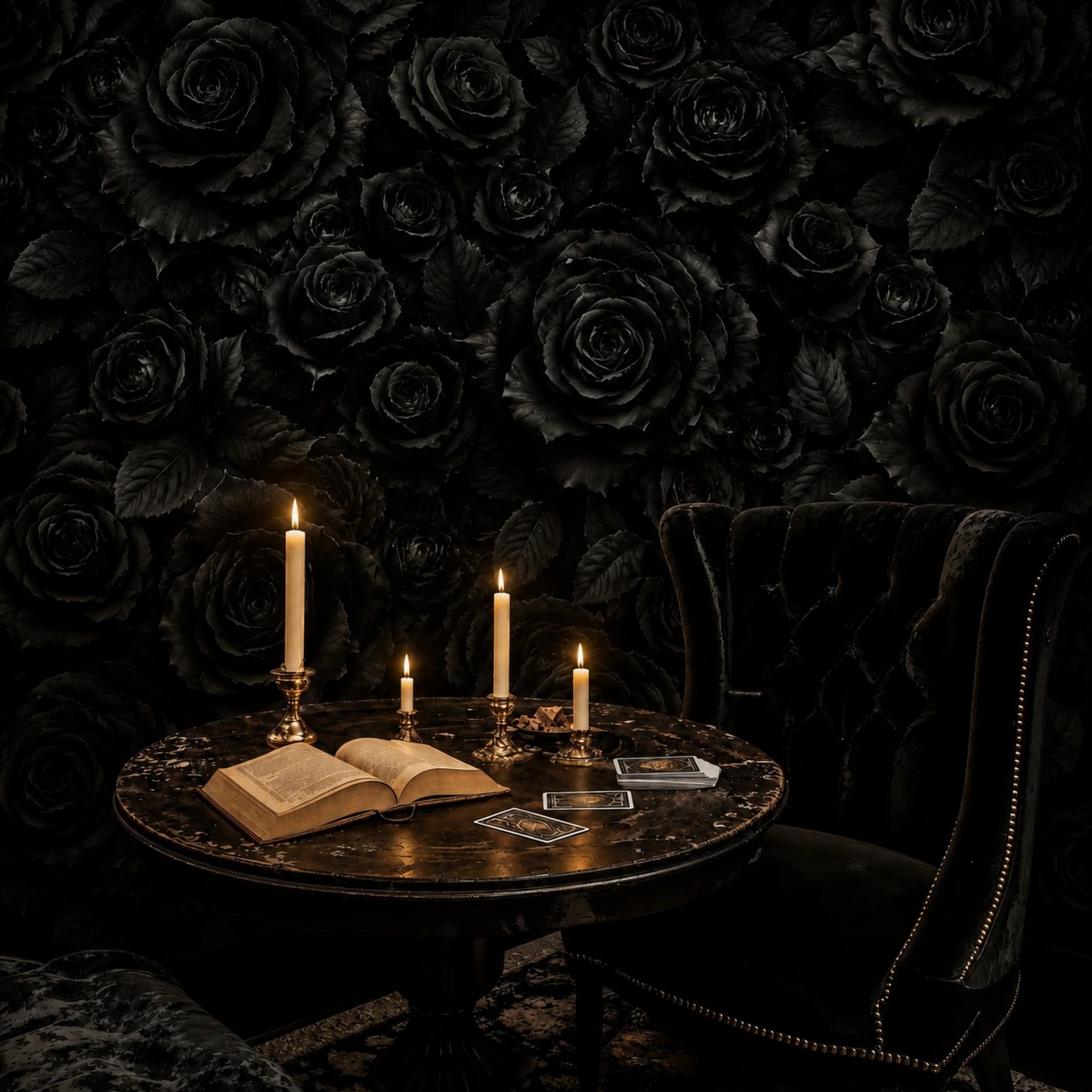 Samtschwarze Rosen Fototapete in einem stilvoll eingerichteten Raum, Ansicht 2