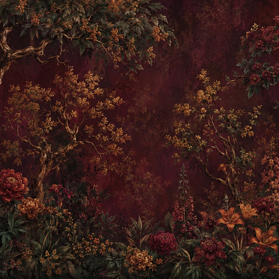Close-up of the Baroque Crimson Arbor artwork at printed scale