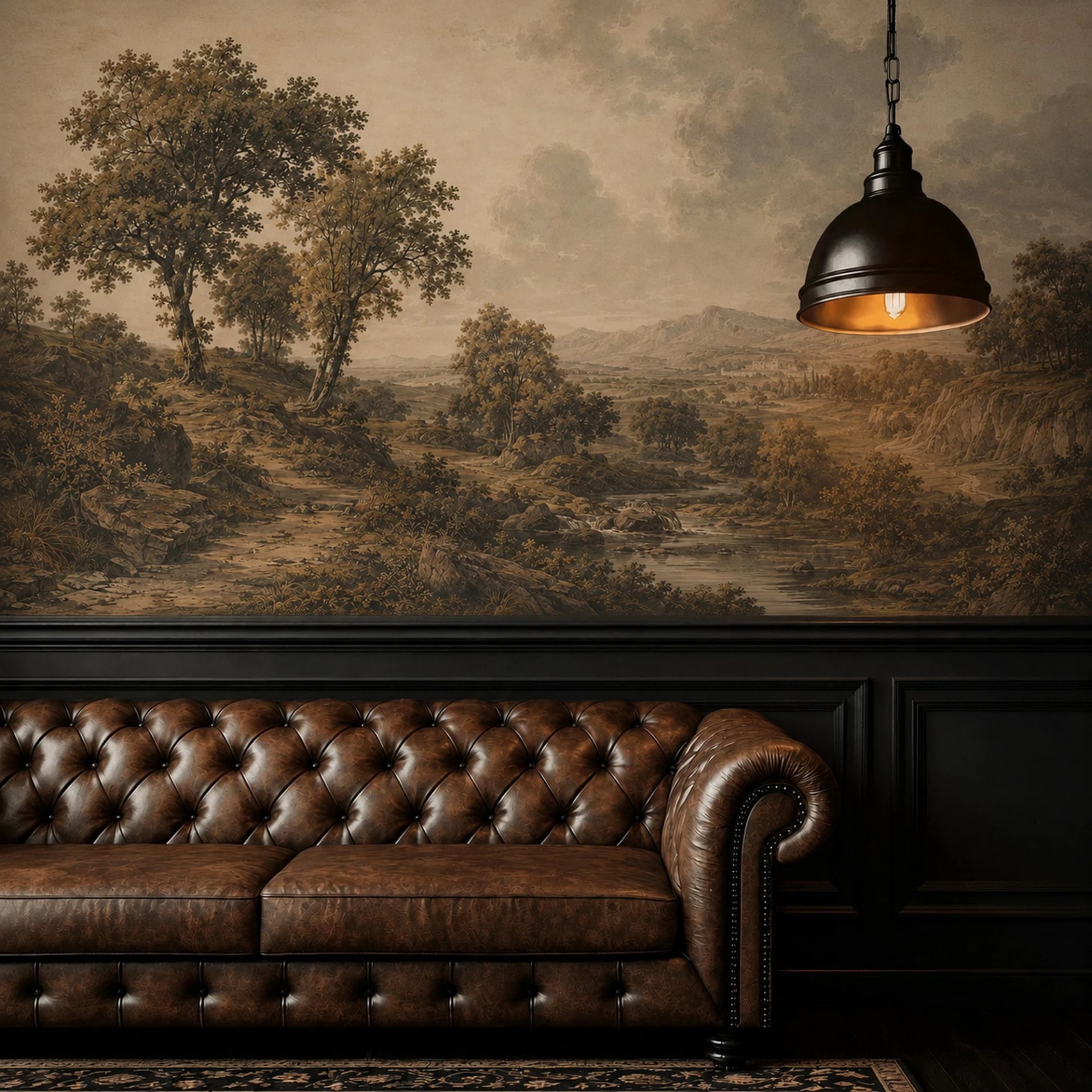 Papier peint panoramique Vallée fluviale sépia présenté dans un intérieur décoré, vue 2