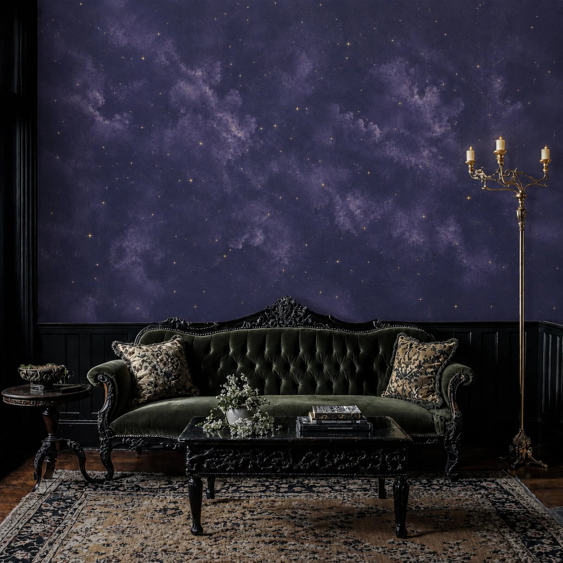 Midnight Nebula Starfield wall mural shown in a styled interior, view 2