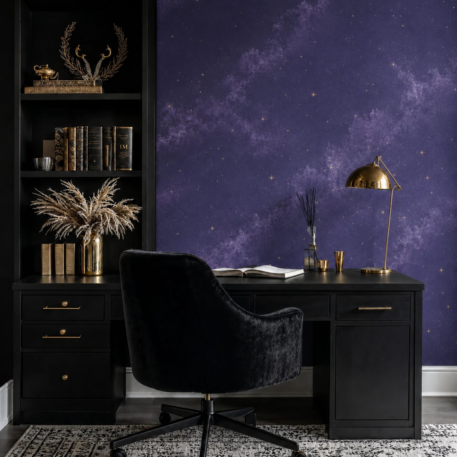 Starry Purple Nebula wall mural shown in a styled interior, view 2