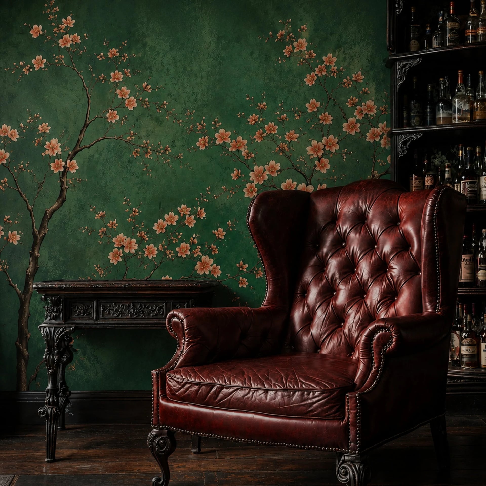 Emerald Blossom Branch wall mural shown in a styled interior, view 2