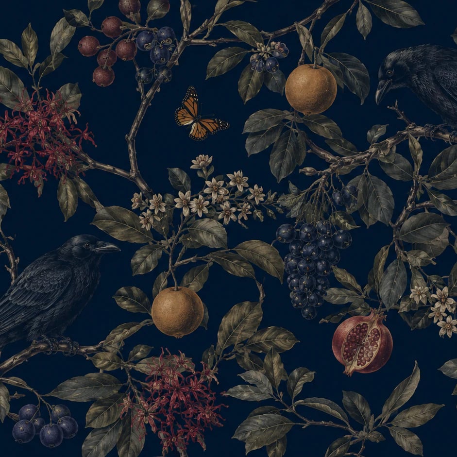 Primer plano del diseño Jardín del cuervo y los granados a escala de impresión