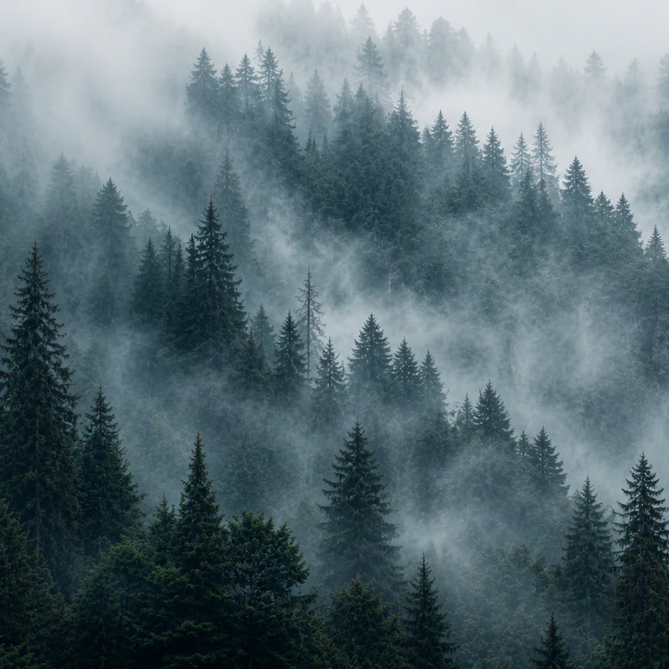 Close-up of the Misty Fir Forest artwork at printed scale