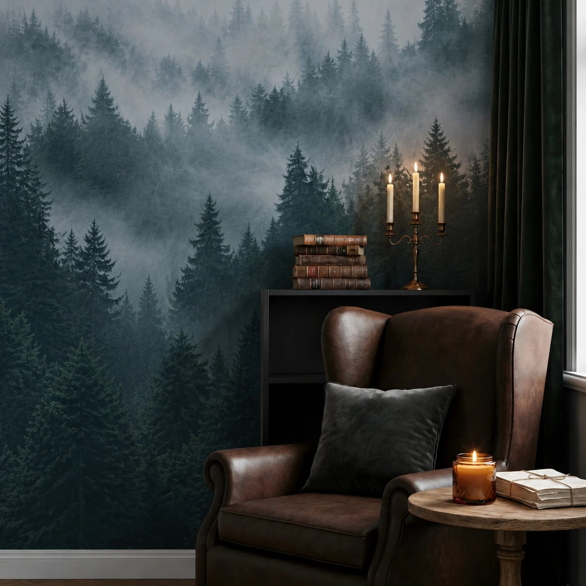 Misty Fir Canopy wall mural shown in a styled interior, view 2