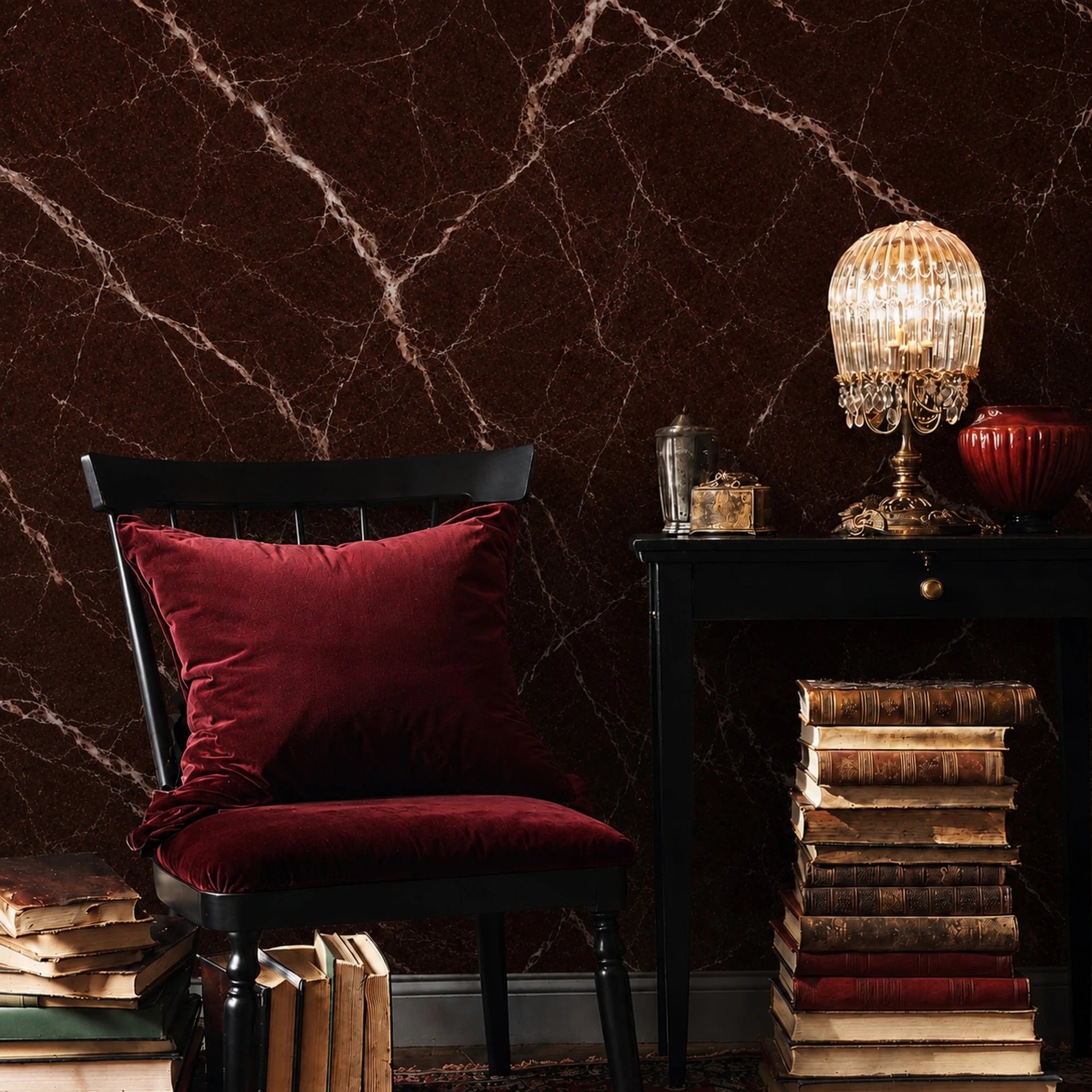 Burgundy Rosso Marble wall mural shown in a styled interior, view 2