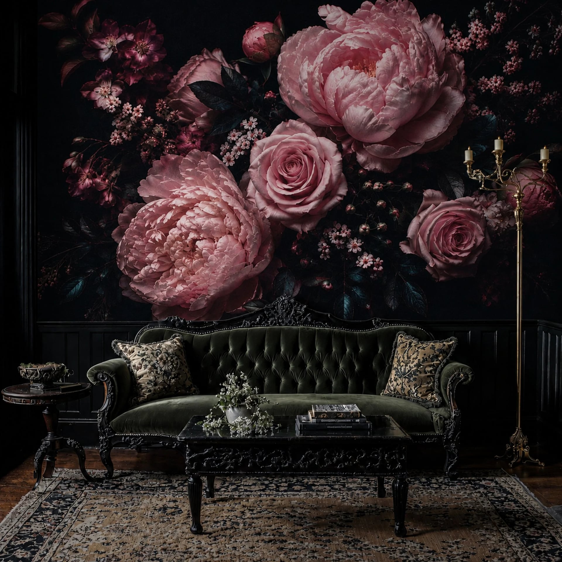 Midnight Pink Peony wall mural shown in a styled interior, view 1
