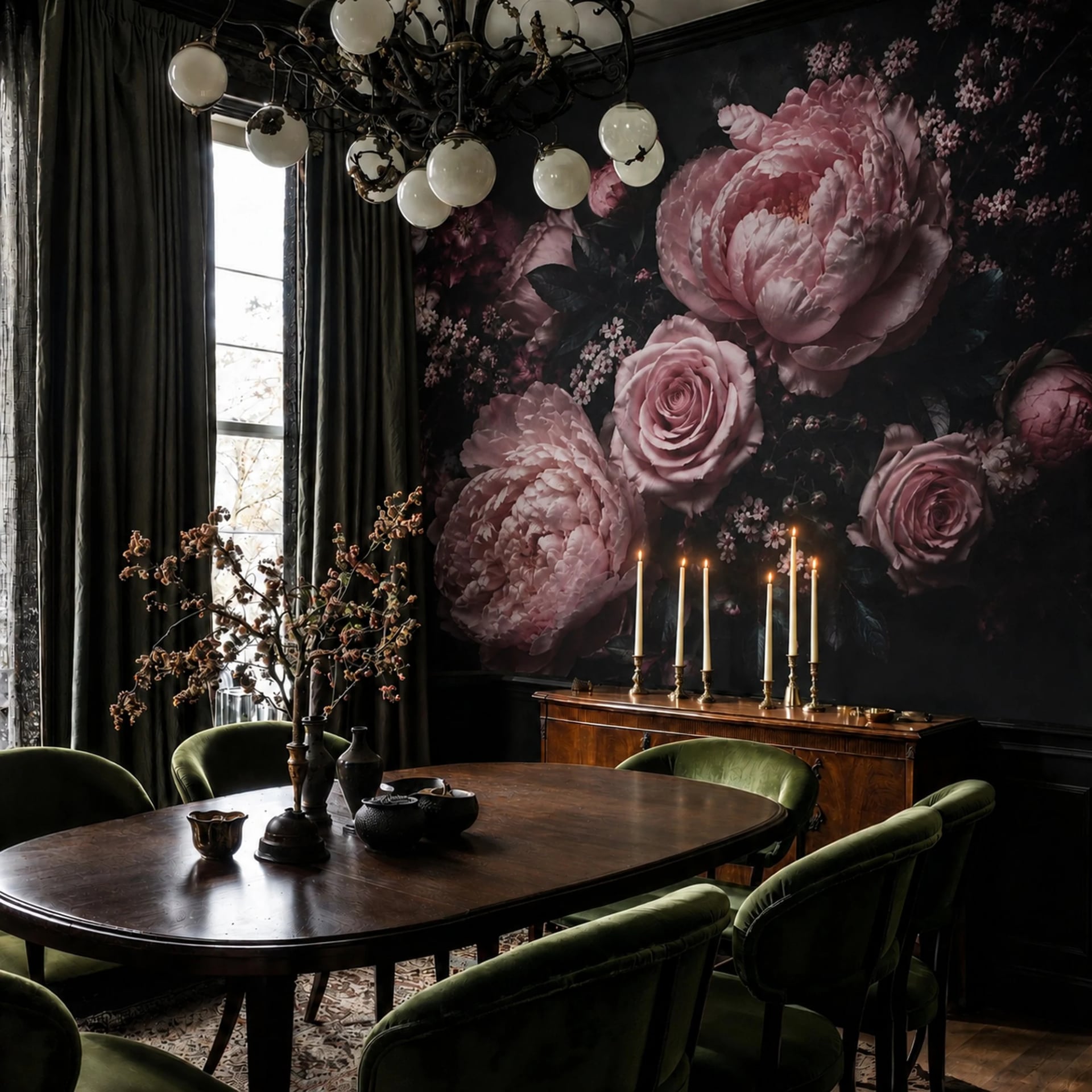 Midnight Pink Peony wall mural shown in a styled interior, view 2